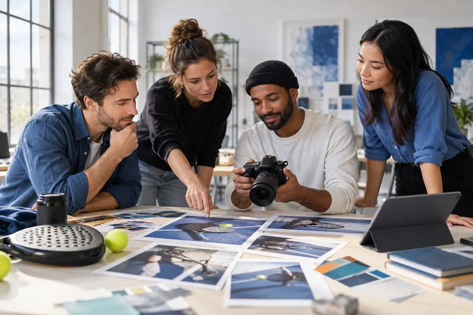 Escena ilustrativa de un equipo creativo preparando fotografía editorial.